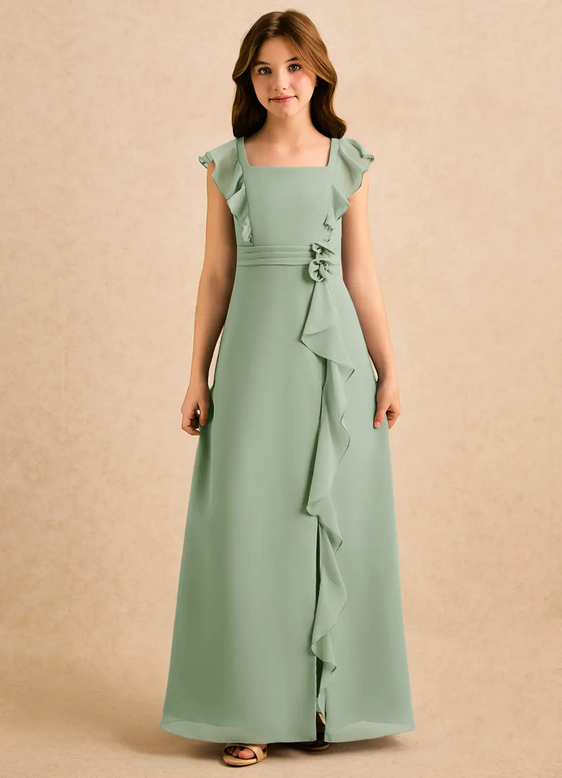 Square Neck Ruffle Cap Sleeve Sage Green Chiffon Full-Length Junior Bridesmaid Dresses with Front Ruffle Slit