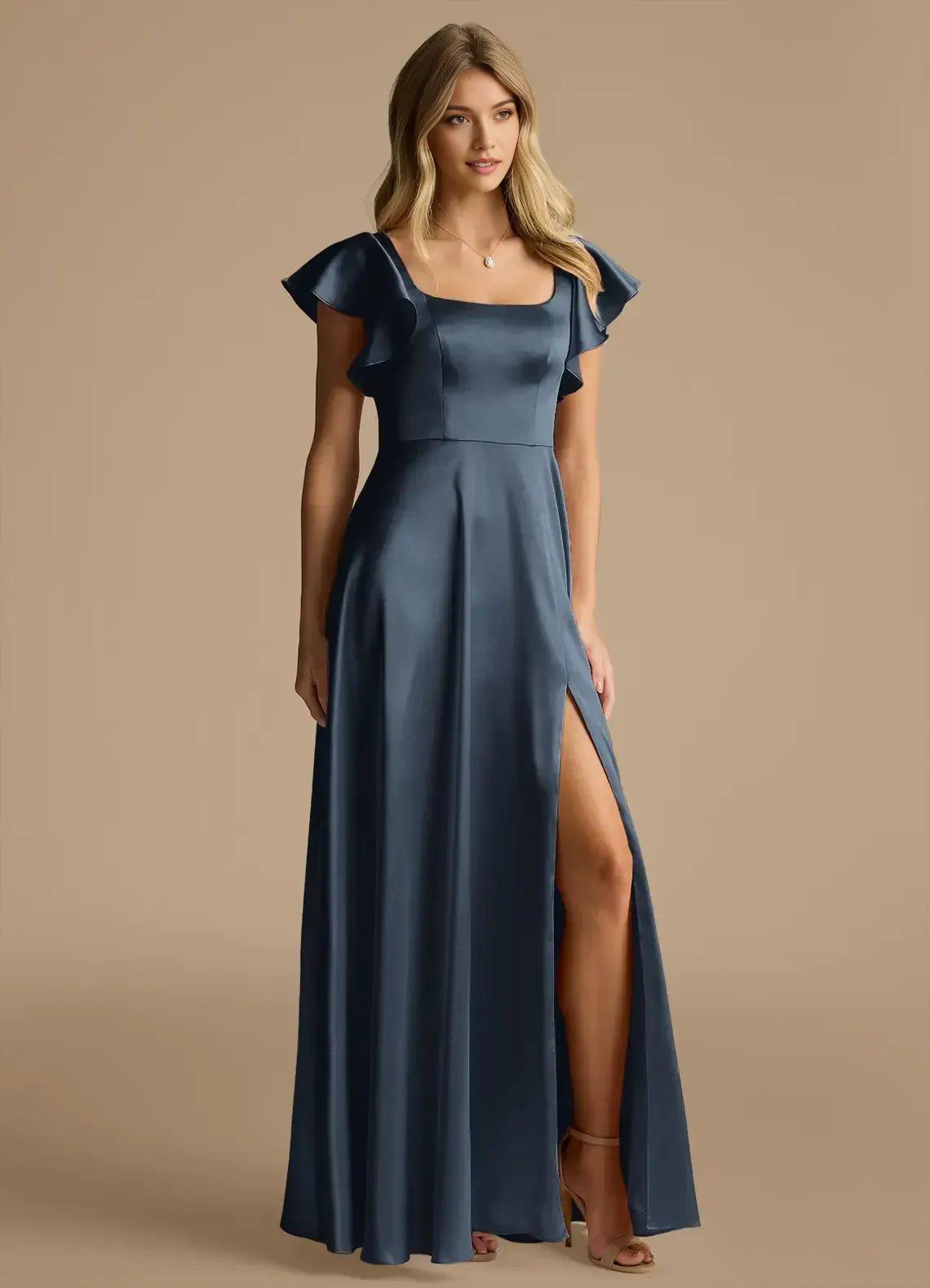 Square Neck Ruffle Short Sleeve Tie Open Back High Slit A Line Satin Long Bridesmaid Dress