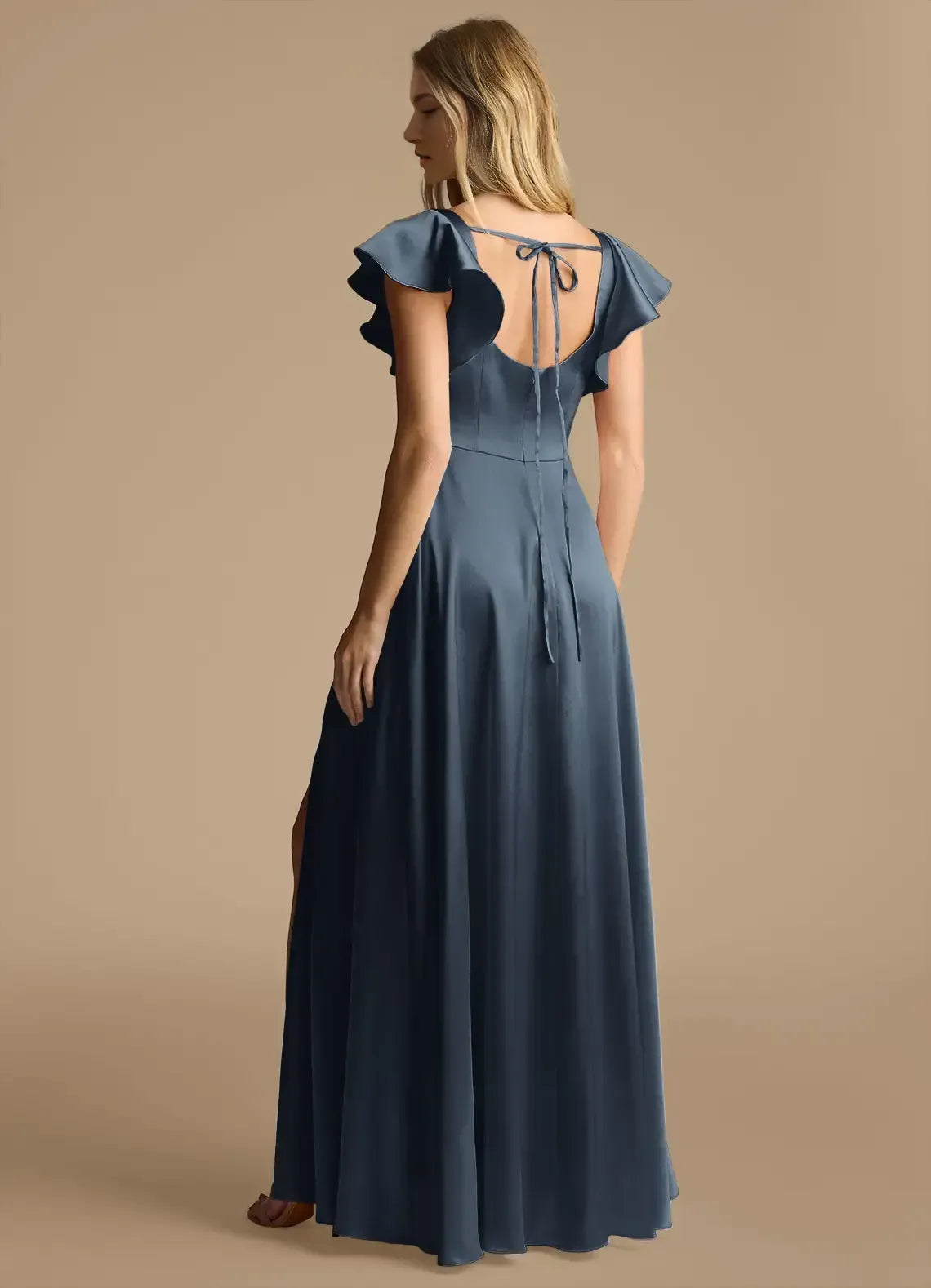Square Neck Ruffle Short Sleeve Tie Open Back High Slit A Line Satin Long Bridesmaid Dress
