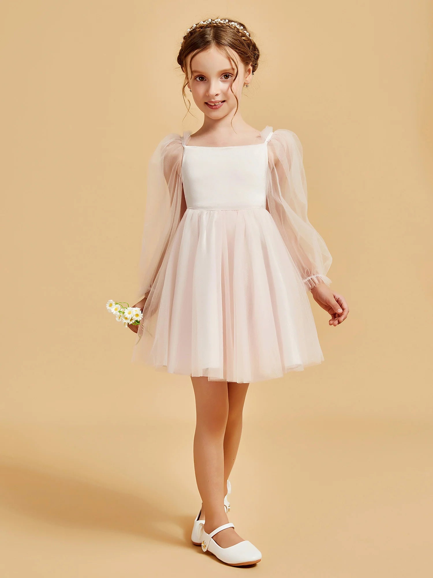 Square Neck Sheer Puff Long Sleeve Blush Tulle Knee Swing Flower Girl Dresses