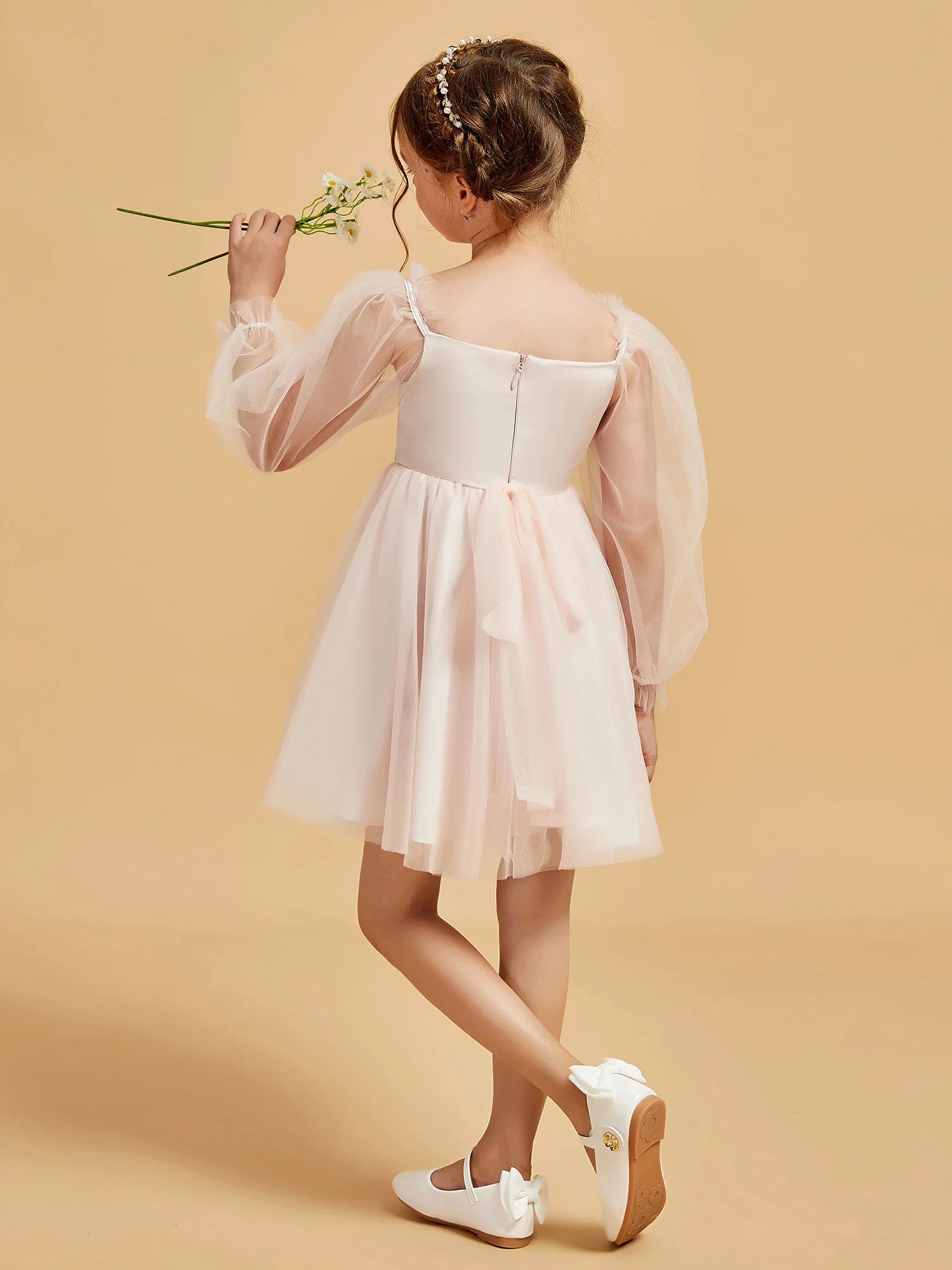 Square Neck Sheer Puff Long Sleeve Blush Tulle Knee Swing Flower Girl Dresses