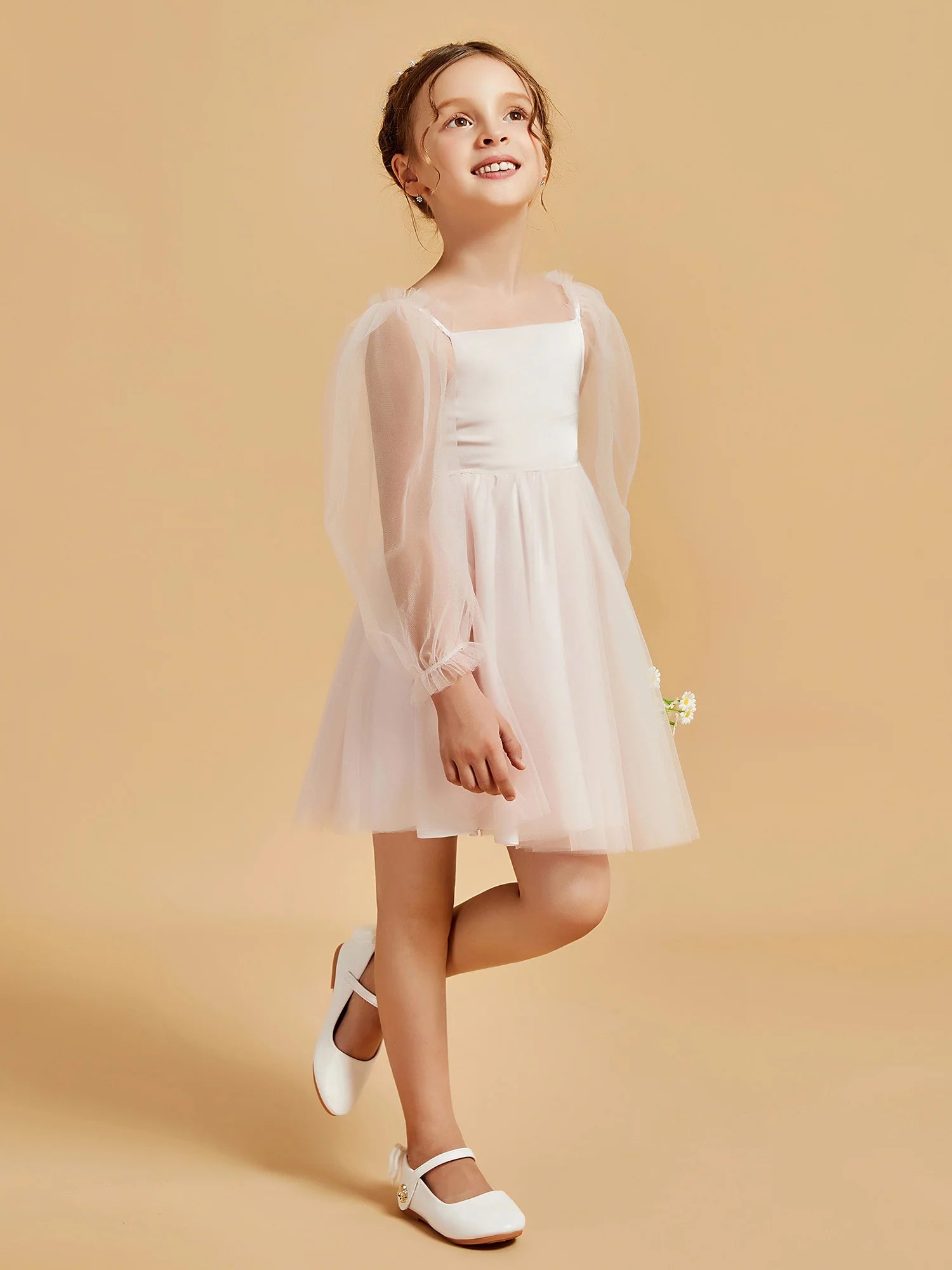 Square Neck Sheer Puff Long Sleeve Blush Tulle Knee Swing Flower Girl Dresses
