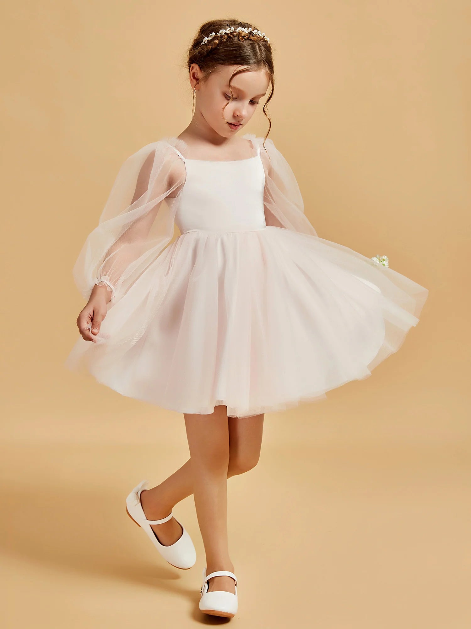Square Neck Sheer Puff Long Sleeve Blush Tulle Knee Swing Flower Girl Dresses