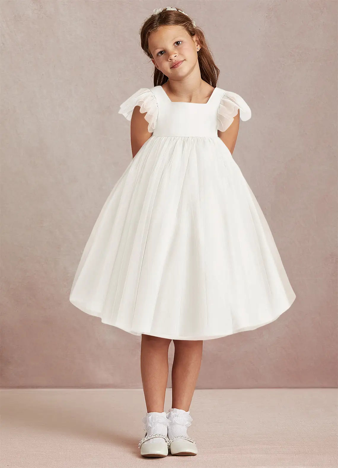 Square Neck Short Puff Sleeve White Tulle Knee-Length Flower Girl Dresses with Back Bow