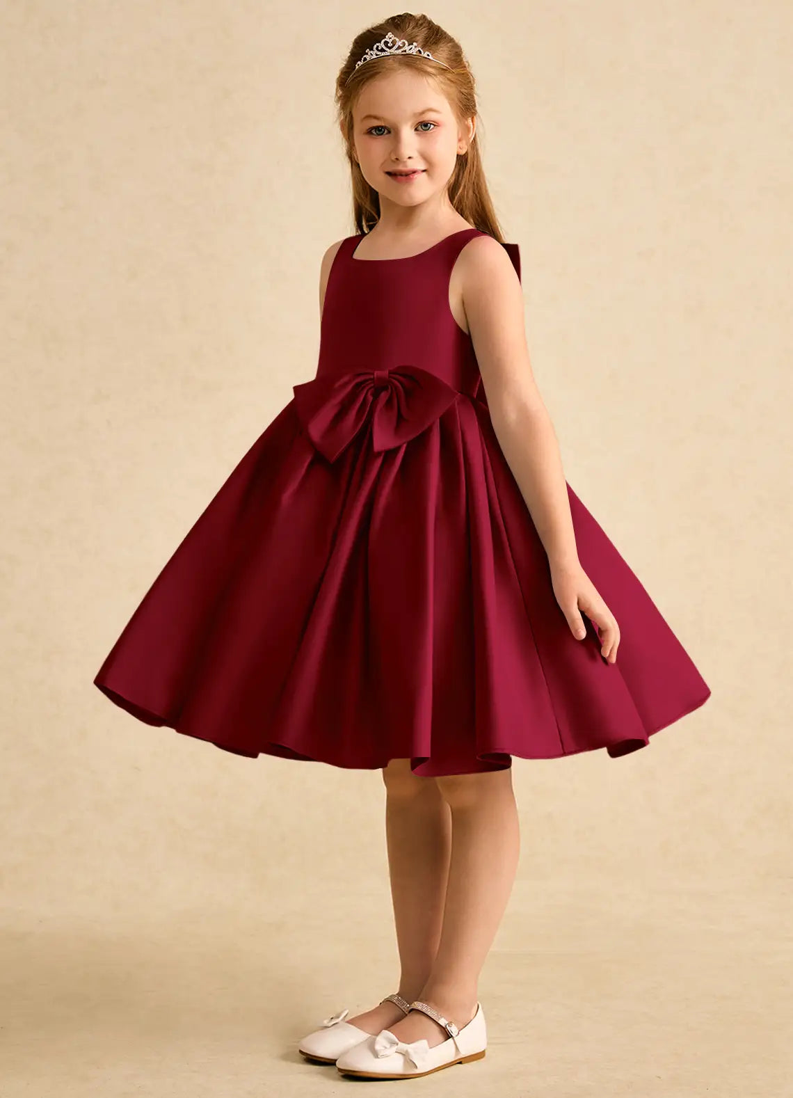 Square Neck Sleeveless Burgundy Satin Knee-Length Flower Girl Dresses with Large Front and Back Bow