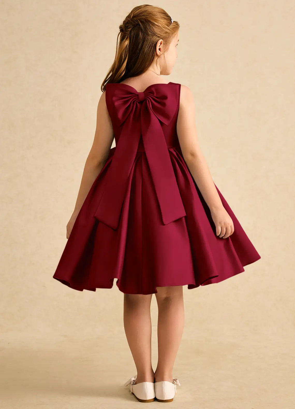 Square Neck Sleeveless Burgundy Satin Knee-Length Flower Girl Dresses with Large Front and Back Bow
