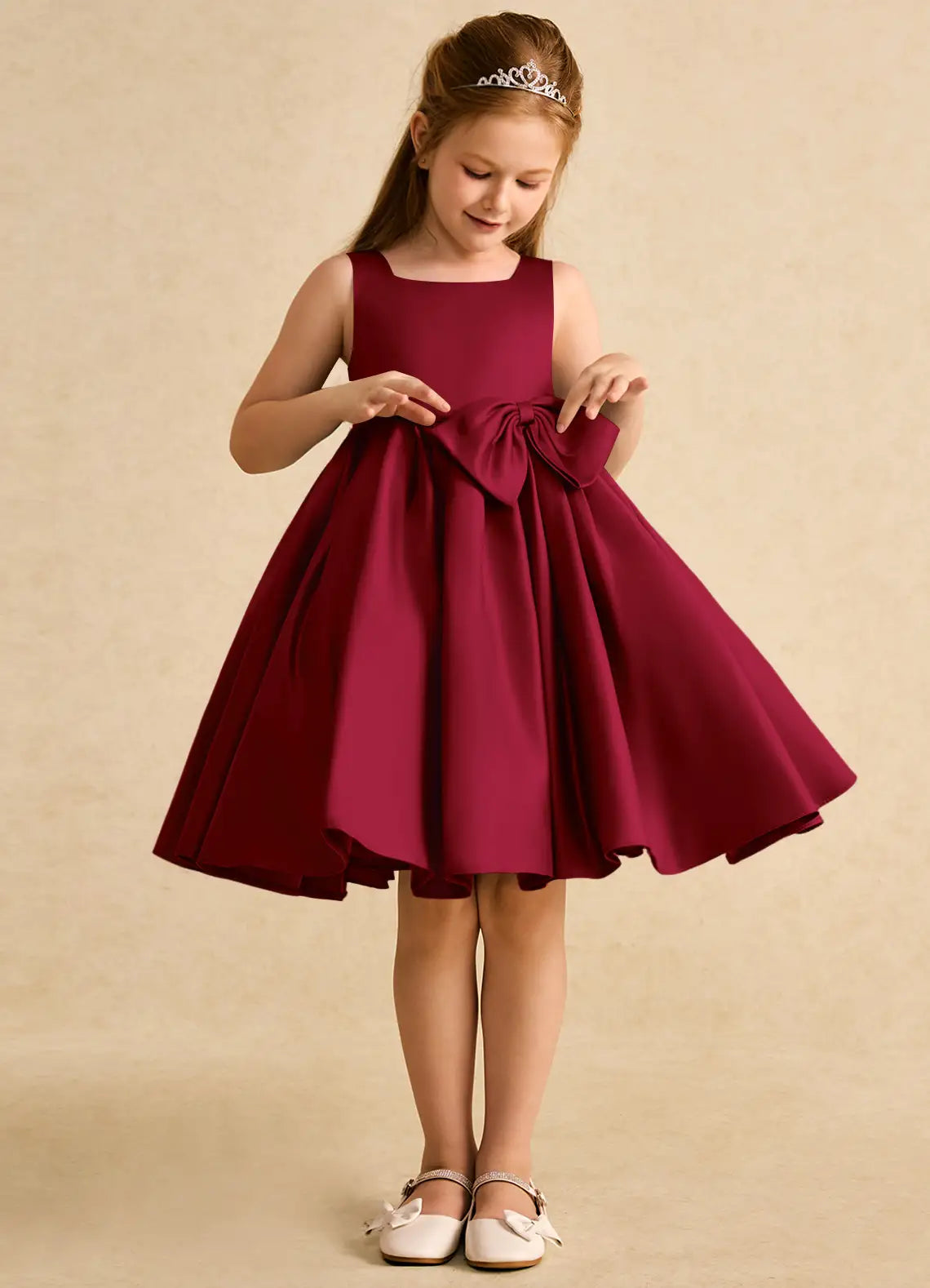 Square Neck Sleeveless Burgundy Satin Knee-Length Flower Girl Dresses with Large Front and Back Bow