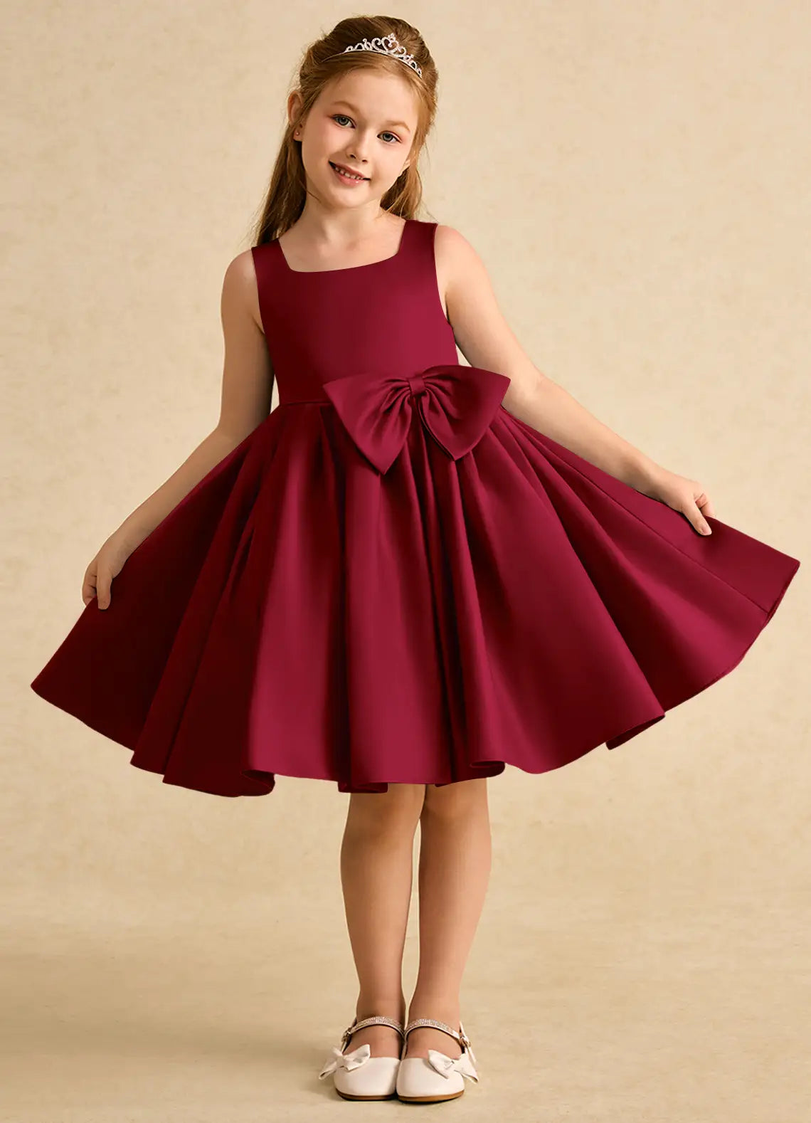 Square Neck Sleeveless Burgundy Satin Knee-Length Flower Girl Dresses with Large Front and Back Bow