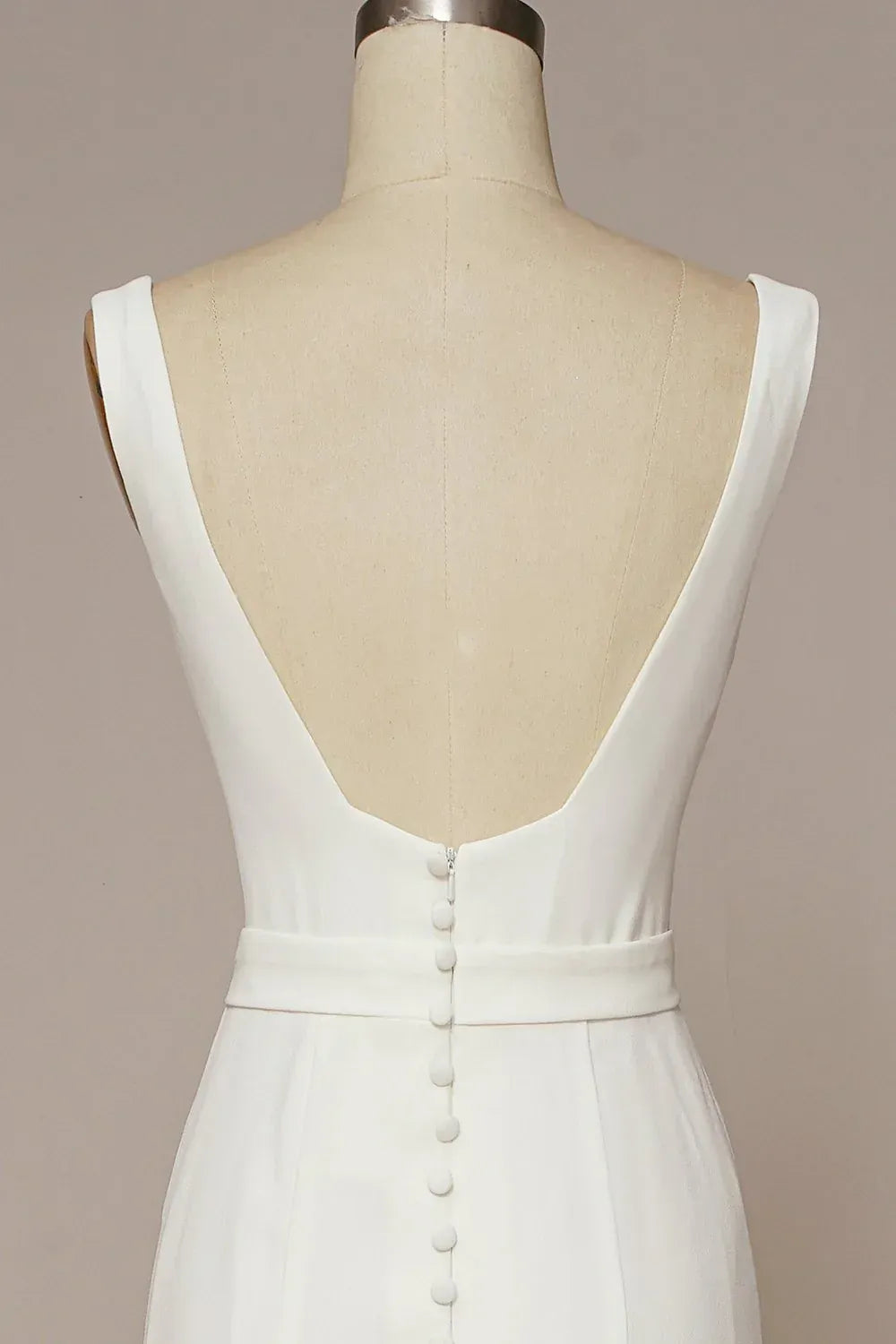 Square‑Neck Sleeveless Crepe Mermaid Wedding Dress With Deep V‑Back & Button Detail