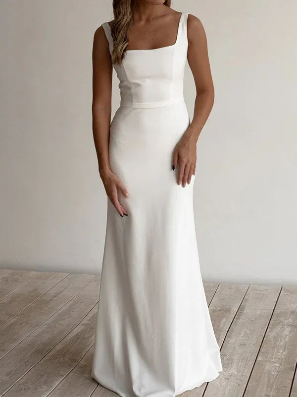Square‑Neck Sleeveless Crepe Mermaid Wedding Dress With Low Square Back