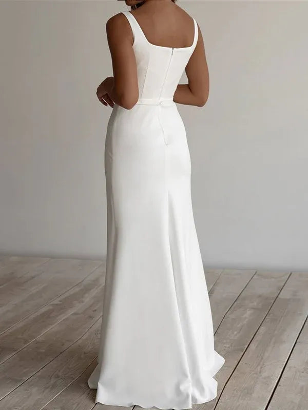 Square‑Neck Sleeveless Crepe Mermaid Wedding Dress With Low Square Back