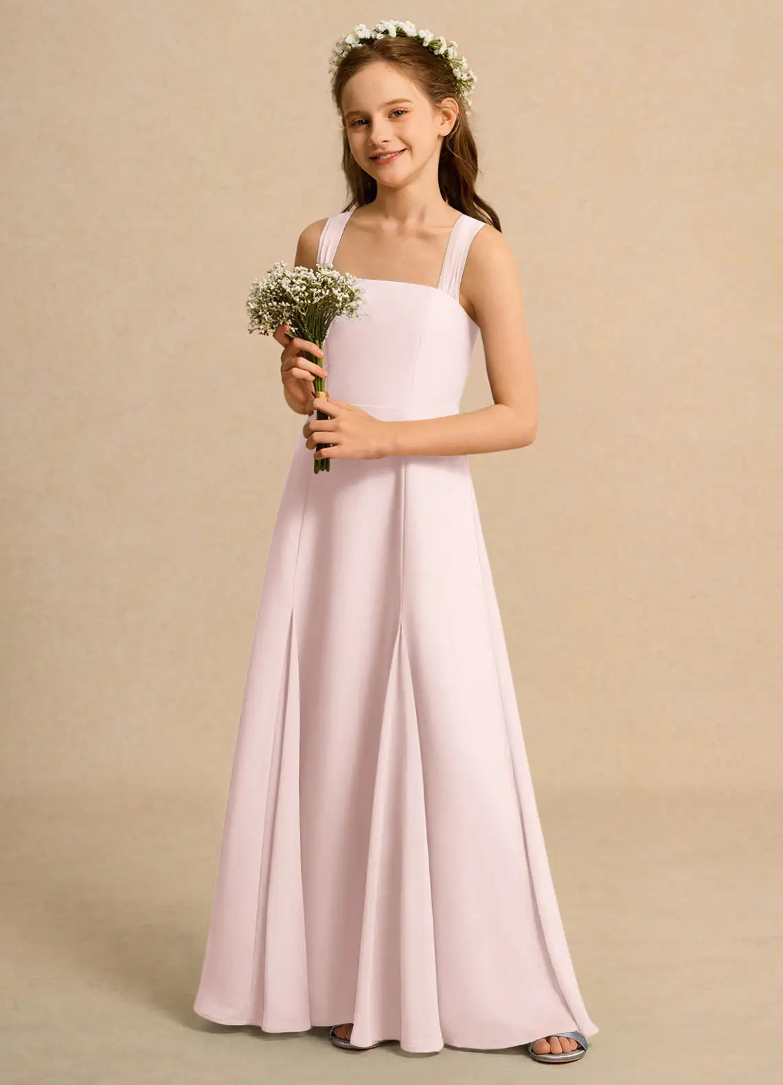 Square Neck Spaghetti Strap Blush Chiffon Full-Length Junior Bridesmaid Dresses with Cross Back Bow