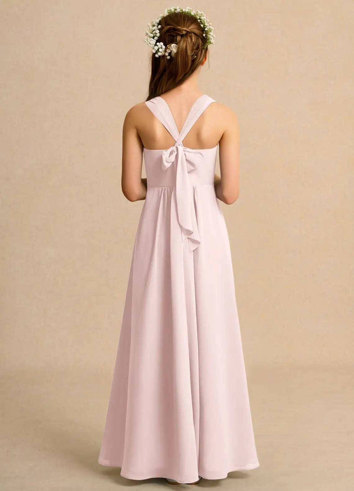 Square Neck Spaghetti Strap Blush Chiffon Full-Length Junior Bridesmaid Dresses with Cross Back Bow
