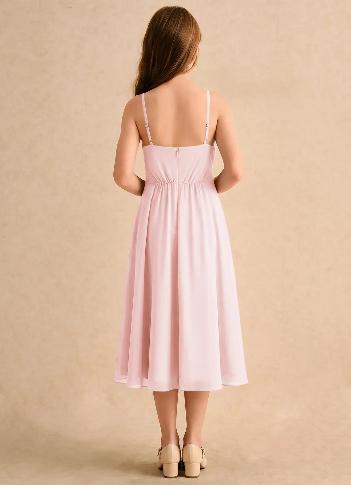 Square Neck Spaghetti Strap Blush Chiffon Hi-Low Midi-Length Junior Bridesmaid Dresses