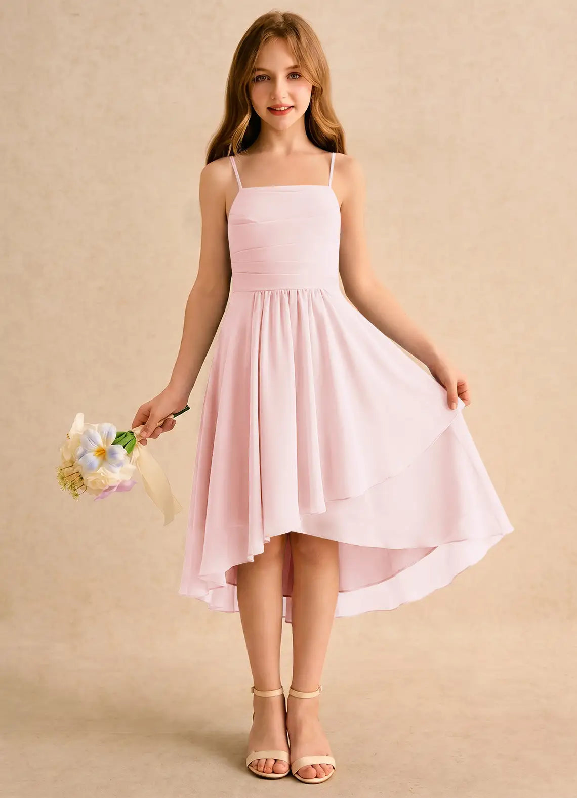 Square Neck Spaghetti Strap Blush Chiffon Hi-Low Midi-Length Junior Bridesmaid Dresses