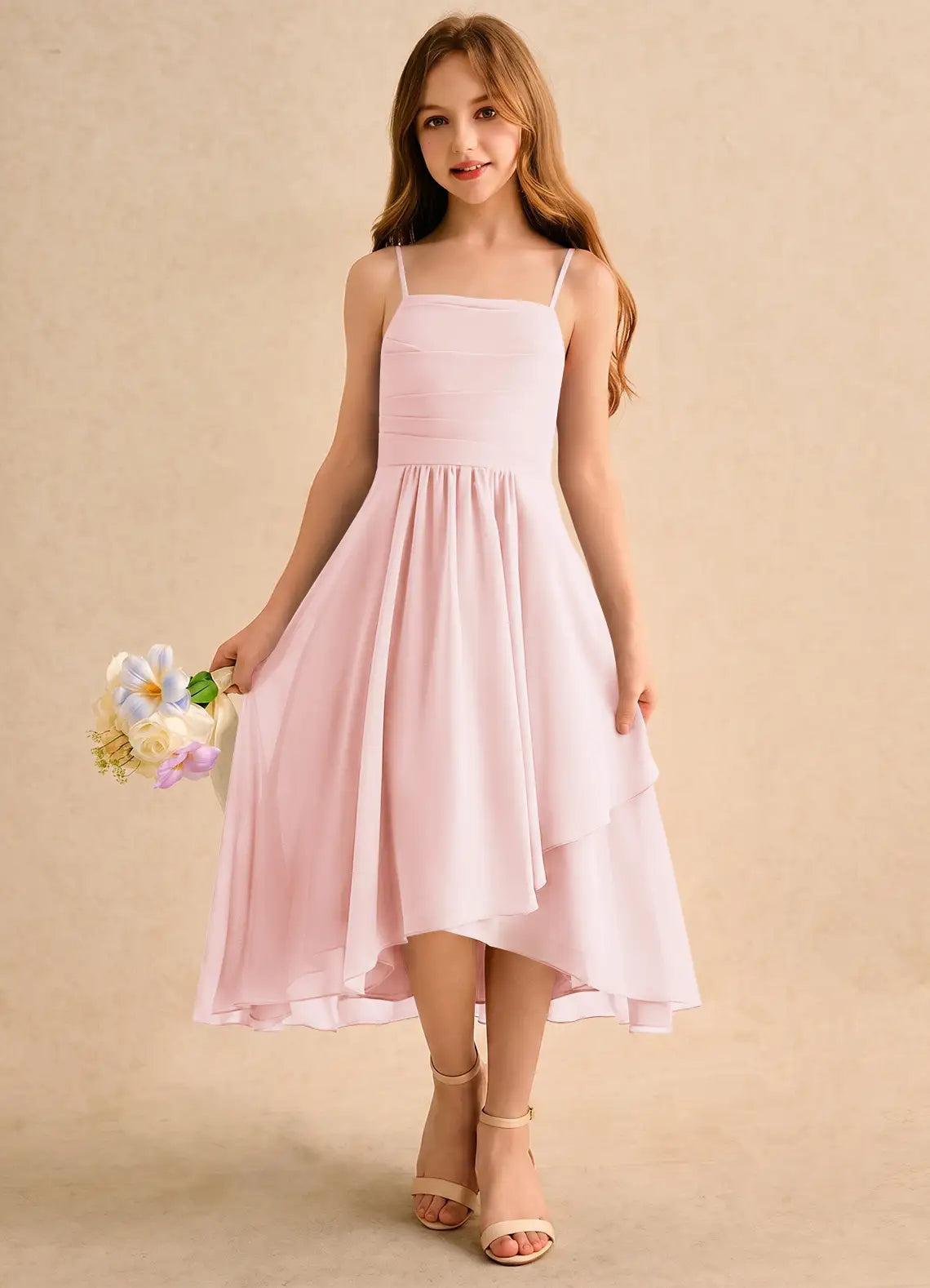 Square Neck Spaghetti Strap Blush Chiffon Hi-Low Midi-Length Junior Bridesmaid Dresses