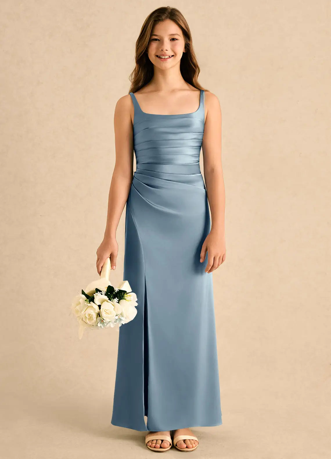 Square Neck Spaghetti Strap Dusty Blue Satin Full-Length Junior Bridesmaid Dresses with Ruched Bodice & Side Slit