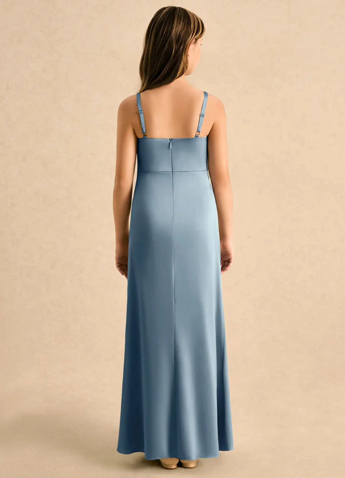 Square Neck Spaghetti Strap Dusty Blue Satin Full-Length Junior Bridesmaid Dresses with Ruched Bodice & Side Slit