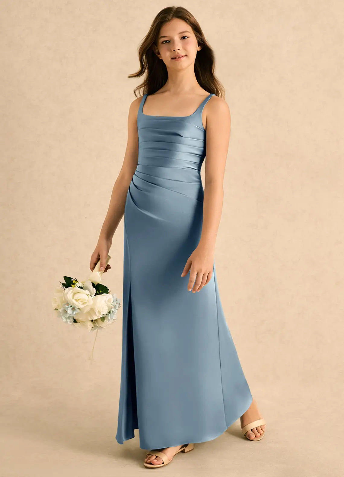 Square Neck Spaghetti Strap Dusty Blue Satin Full-Length Junior Bridesmaid Dresses with Ruched Bodice & Side Slit