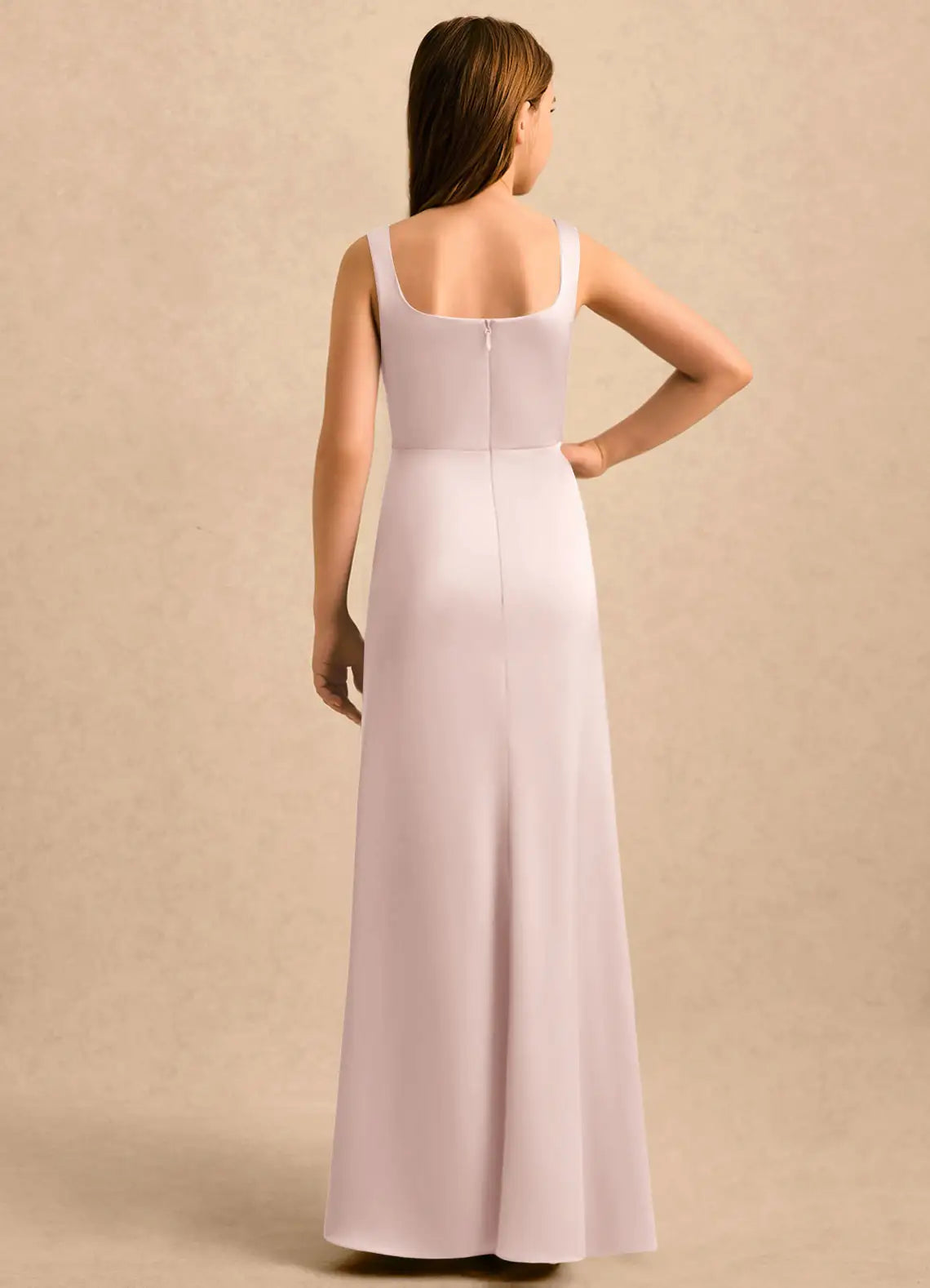 Square Neck Spaghetti Strap Dusty Lavender Satin Full-Length Mermaid Junior Bridesmaid Dresses with Side Slit