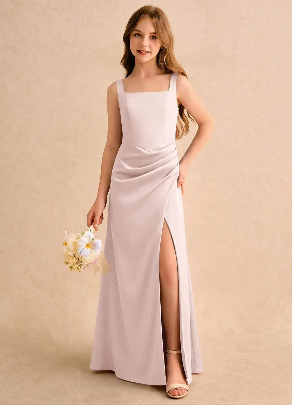 Square Neck Spaghetti Strap Dusty Lavender Satin Full-Length Mermaid Junior Bridesmaid Dresses with Side Slit