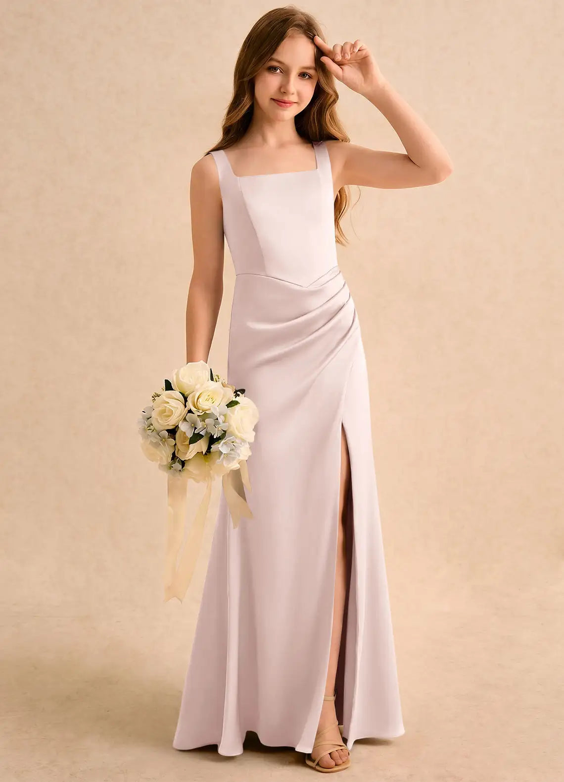 Square Neck Spaghetti Strap Dusty Lavender Satin Full-Length Mermaid Junior Bridesmaid Dresses with Side Slit