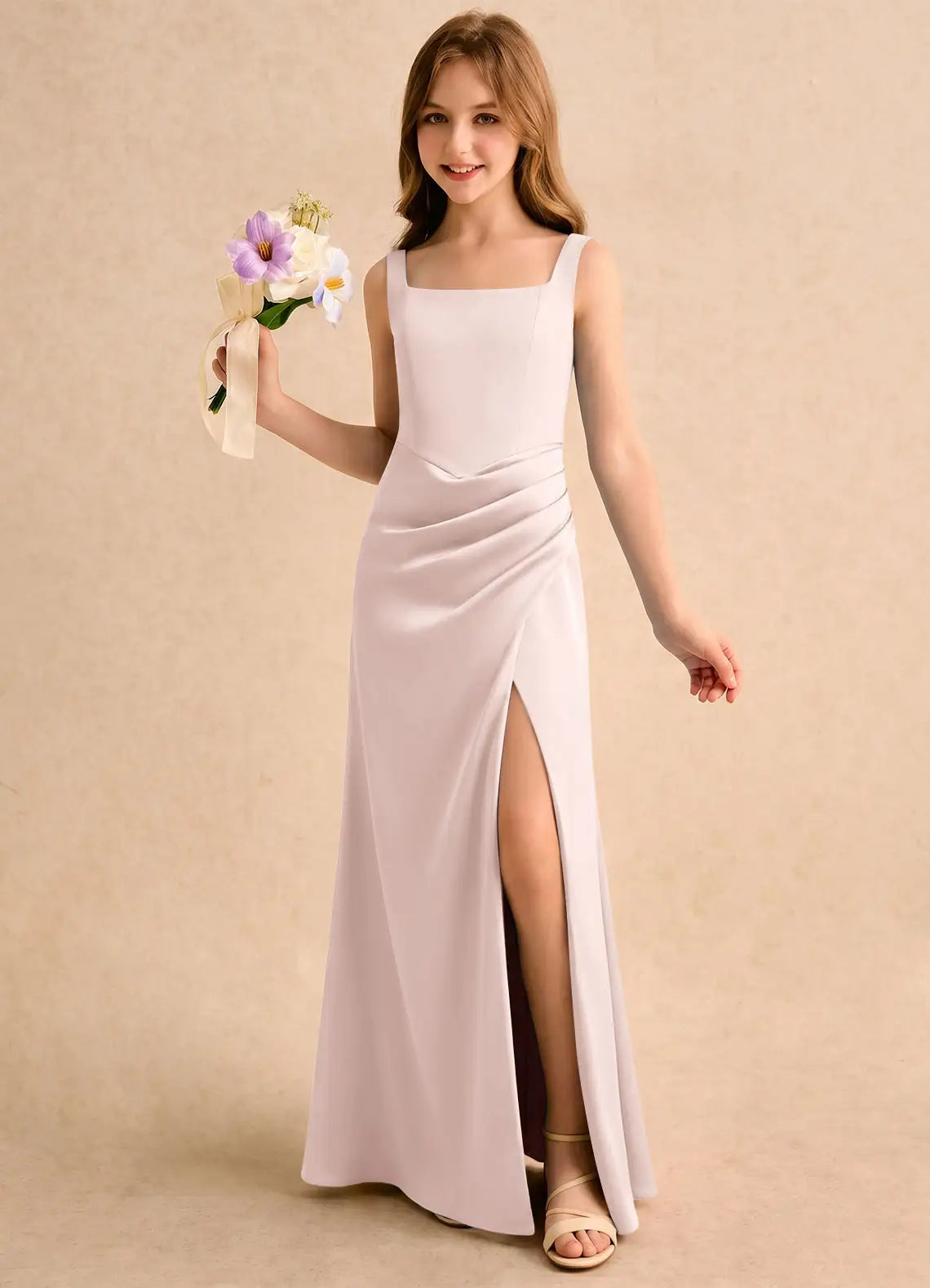 Square Neck Spaghetti Strap Dusty Lavender Satin Full-Length Mermaid Junior Bridesmaid Dresses with Side Slit
