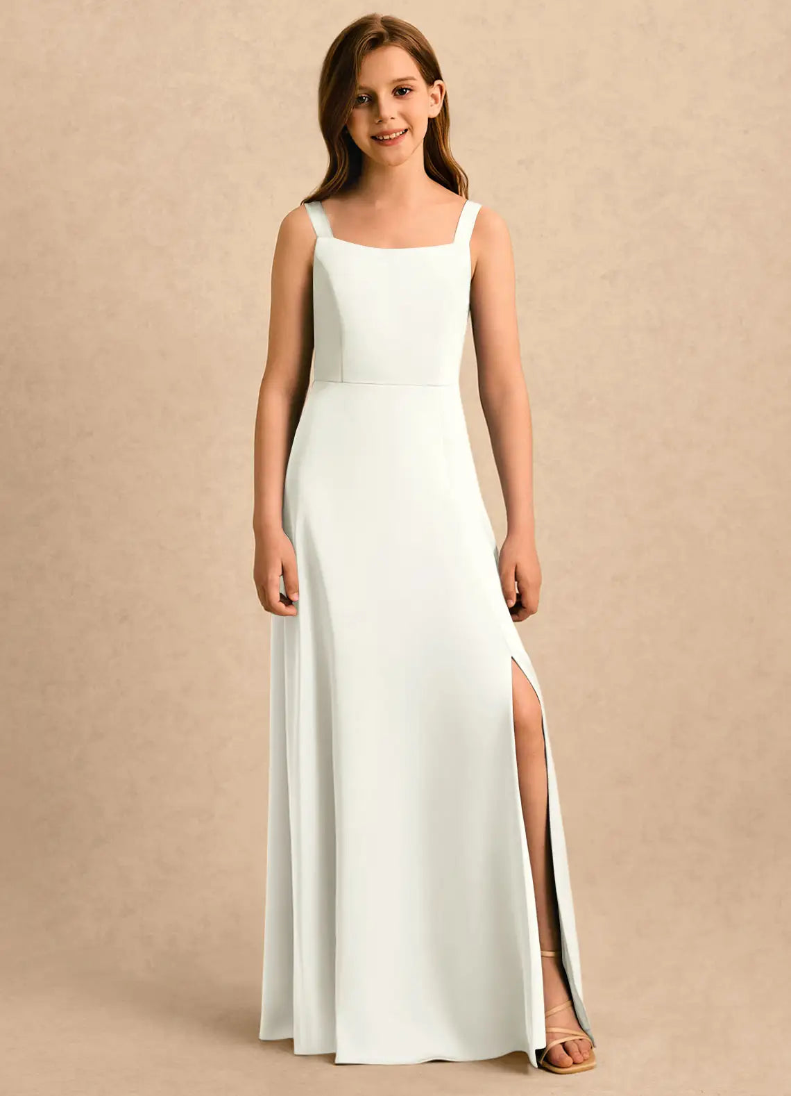 Square Neck Spaghetti Strap Ivory Chiffon Full-Length Junior Bridesmaid Dresses with Optional Lace Cape