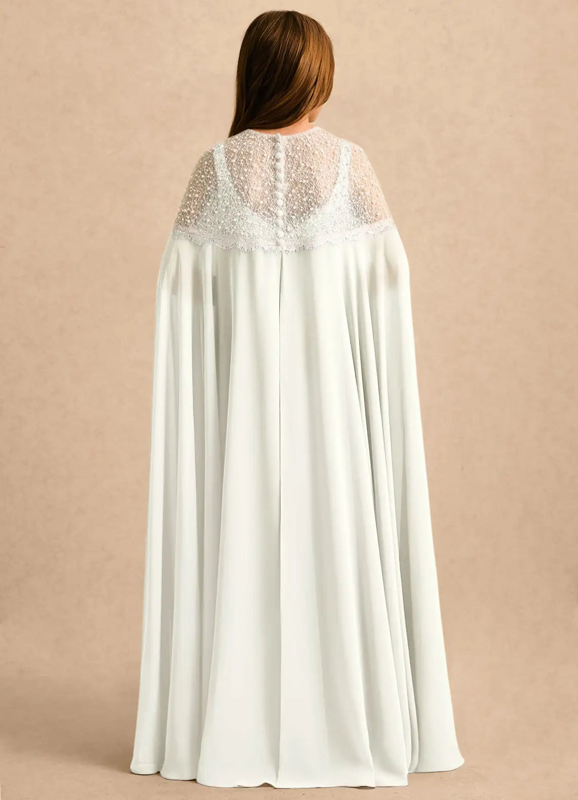 Square Neck Spaghetti Strap Ivory Chiffon Full-Length Junior Bridesmaid Dresses with Optional Lace Cape