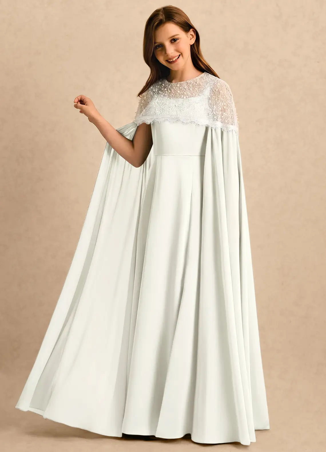 Square Neck Spaghetti Strap Ivory Chiffon Full-Length Junior Bridesmaid Dresses with Optional Lace Cape