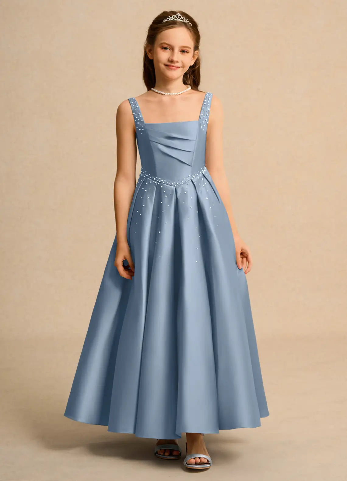 Square Neck Spaghetti Strap Pearl Embellished Dusty Blue Satin Full-Length Junior Bridesmaid Dresses