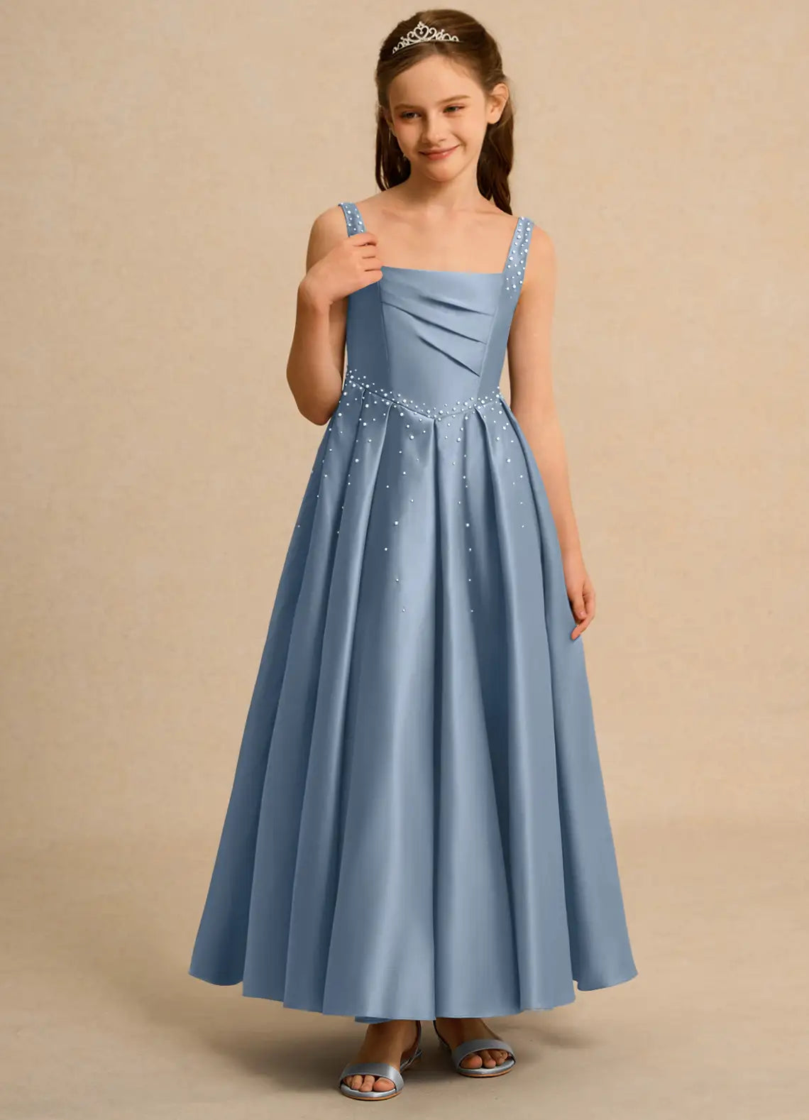 Square Neck Spaghetti Strap Pearl Embellished Dusty Blue Satin Full-Length Junior Bridesmaid Dresses