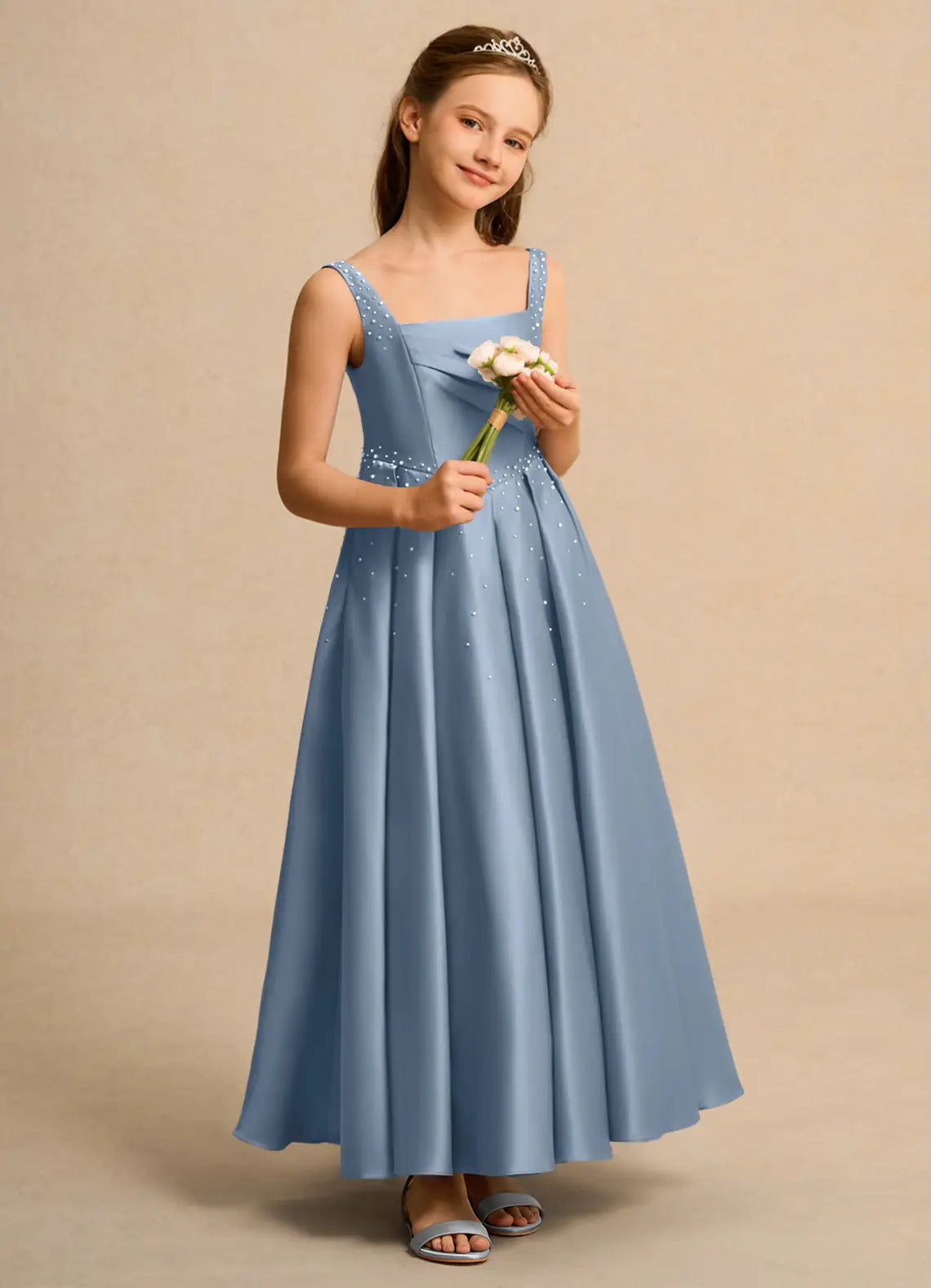 Square Neck Spaghetti Strap Pearl Embellished Dusty Blue Satin Full-Length Junior Bridesmaid Dresses