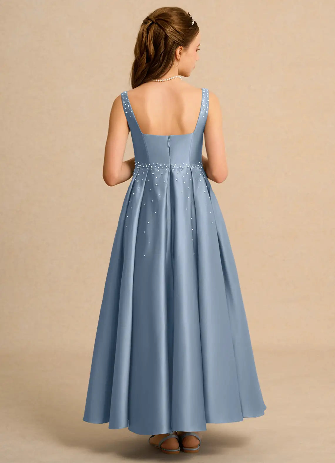 Square Neck Spaghetti Strap Pearl Embellished Dusty Blue Satin Full-Length Junior Bridesmaid Dresses