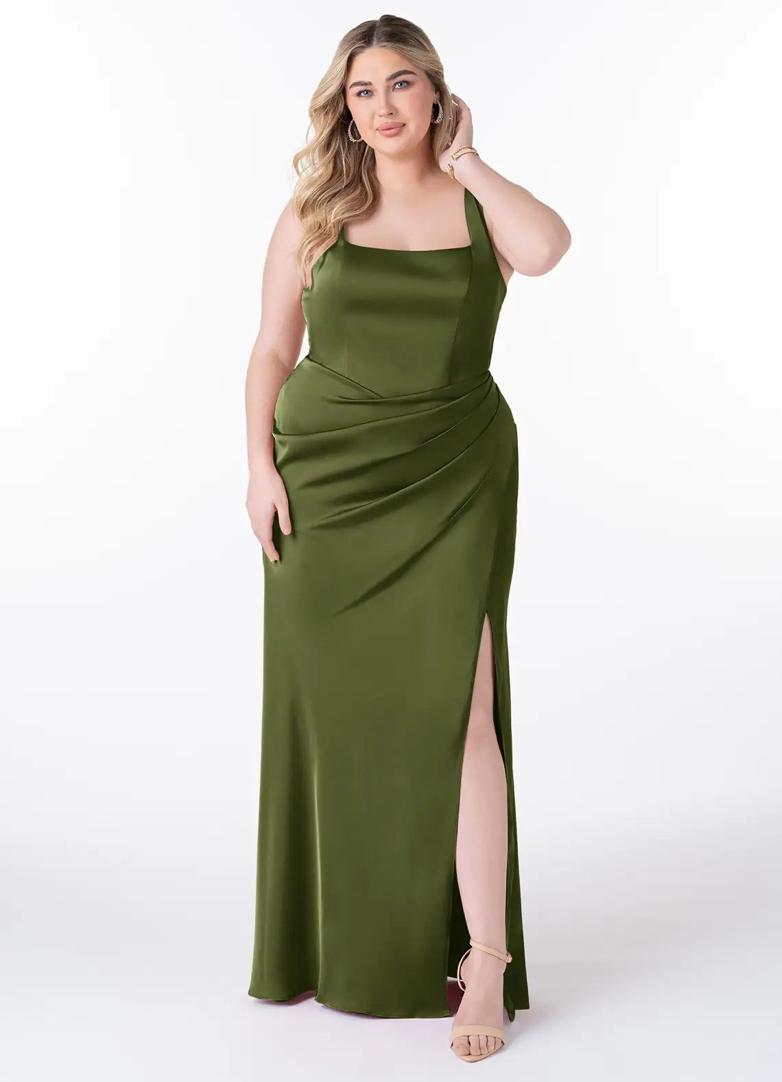 Square Neck Spaghetti Strap Slit Floor-Length Plus Size Bridesmaid Dress