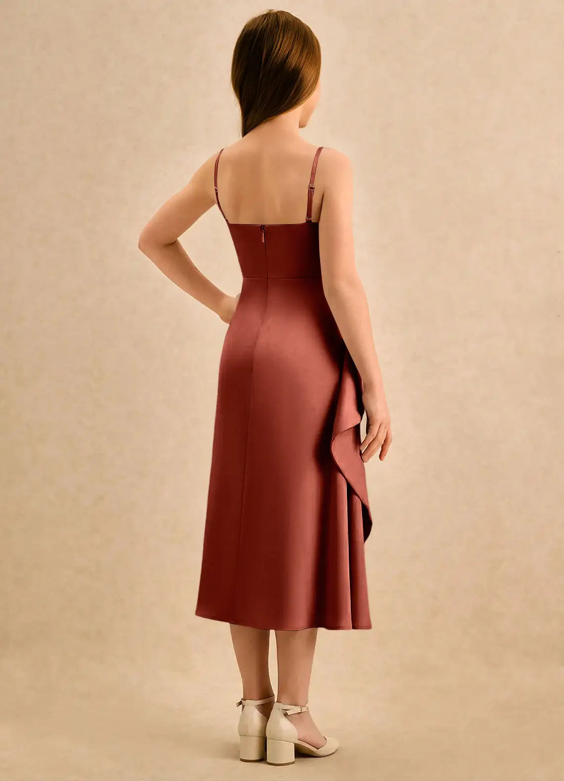Square Neck Spaghetti Strap Terracotta Satin Midi-Length Junior Bridesmaid Dresses with Side Ruffle and Slit
