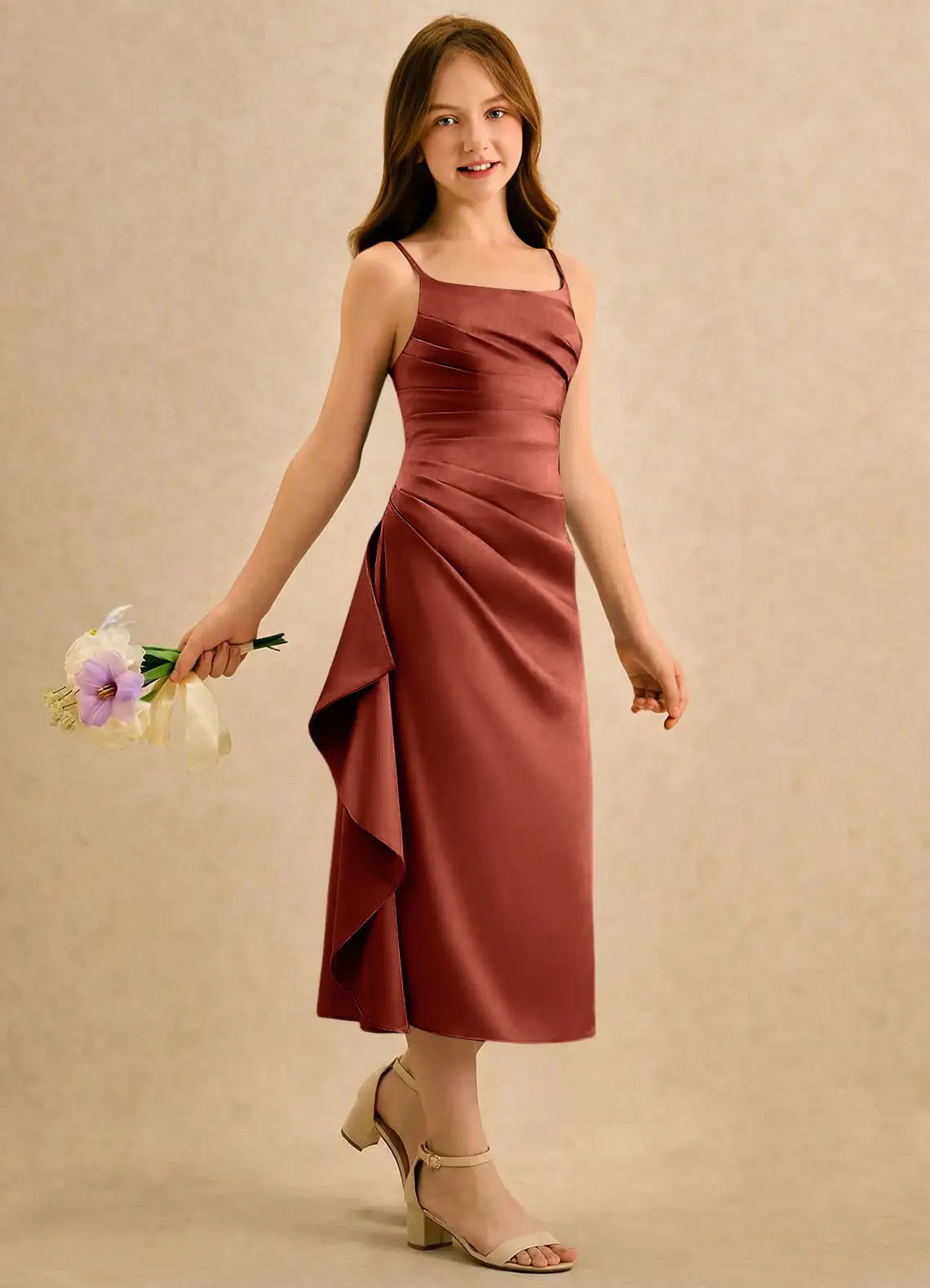 Square Neck Spaghetti Strap Terracotta Satin Midi-Length Junior Bridesmaid Dresses with Side Ruffle and Slit