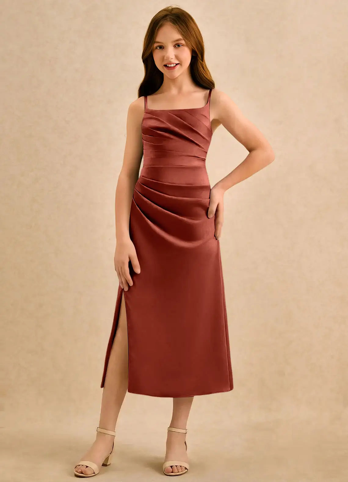 Square Neck Spaghetti Strap Terracotta Satin Midi-Length Junior Bridesmaid Dresses with Side Ruffle and Slit
