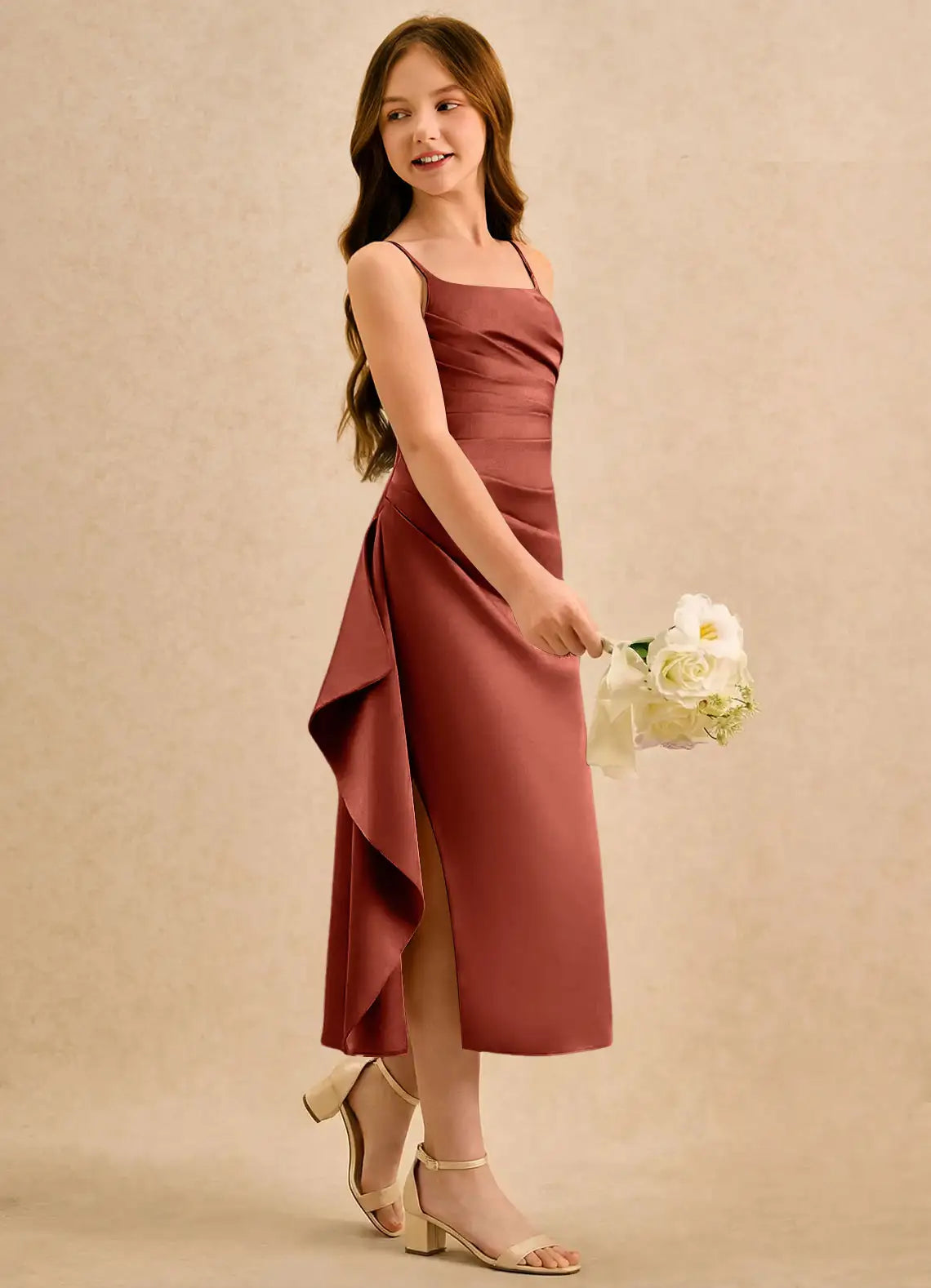Square Neck Spaghetti Strap Terracotta Satin Midi-Length Junior Bridesmaid Dresses with Side Ruffle and Slit