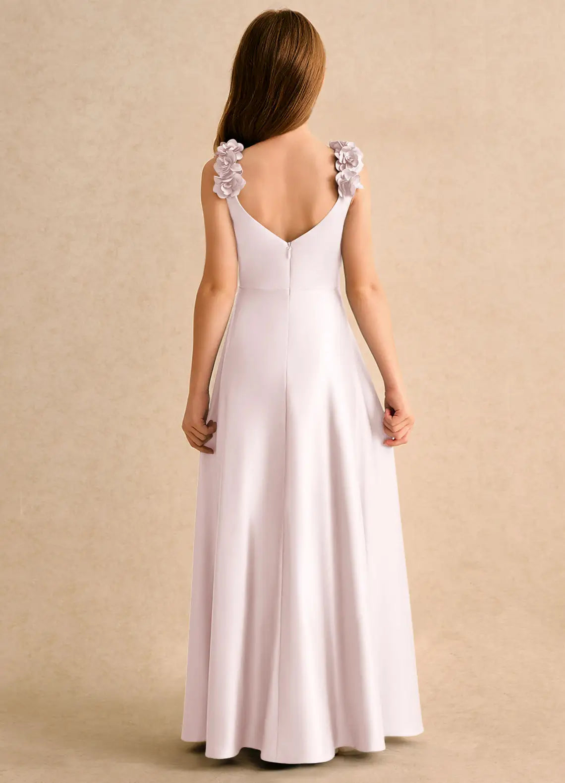 Square Spaghetti Strap 3D Floral Shoulder Cape Sleeve Side Slit White Satin Long Junior Bridesmaid Dresses