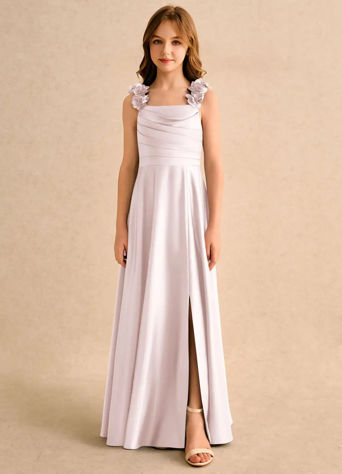 Square Spaghetti Strap 3D Floral Shoulder Cape Sleeve Side Slit White Satin Long Junior Bridesmaid Dresses