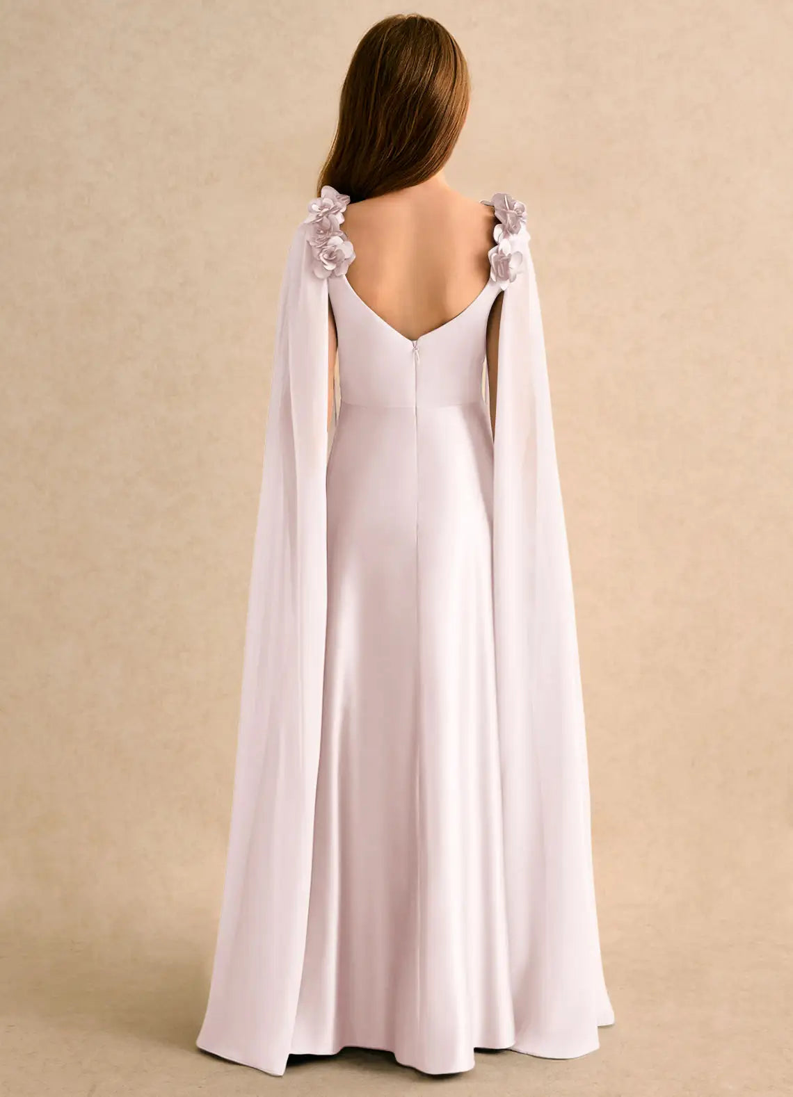 Square Spaghetti Strap 3D Floral Shoulder Cape Sleeve Side Slit White Satin Long Junior Bridesmaid Dresses