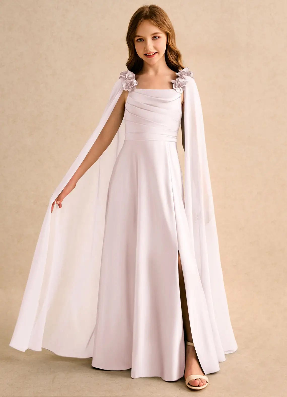 Square Spaghetti Strap 3D Floral Shoulder Cape Sleeve Side Slit White Satin Long Junior Bridesmaid Dresses