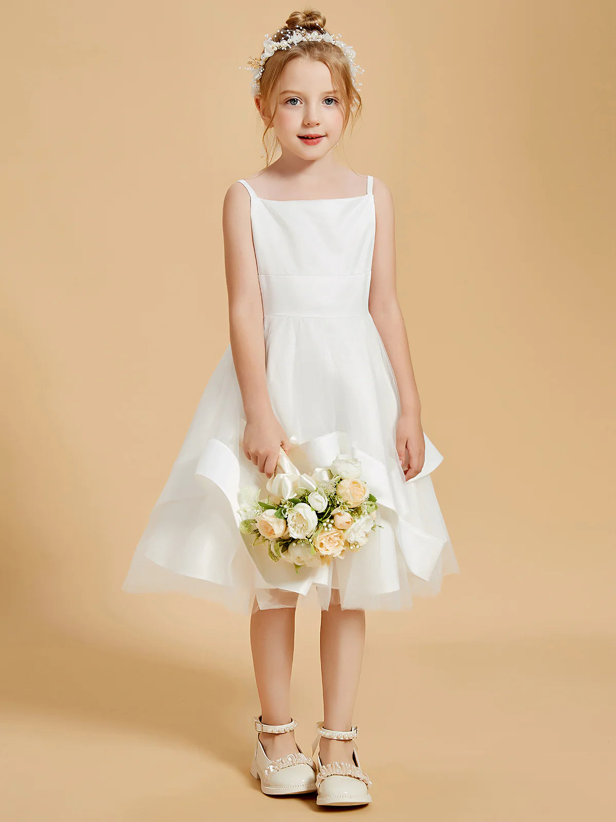 Square Spaghetti Strap Asymmetrical Ruffle White Tulle Midi Swing Flower Girl Dresses
