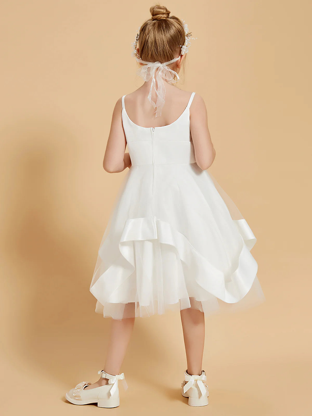 Square Spaghetti Strap Asymmetrical Ruffle White Tulle Midi Swing Flower Girl Dresses