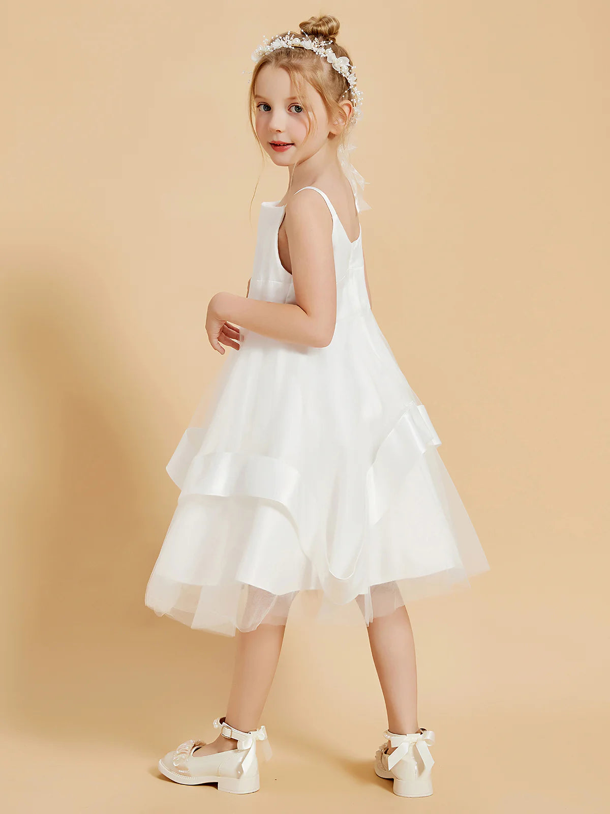 Square Spaghetti Strap Asymmetrical Ruffle White Tulle Midi Swing Flower Girl Dresses