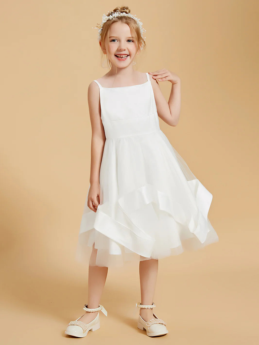 Square Spaghetti Strap Asymmetrical Ruffle White Tulle Midi Swing Flower Girl Dresses