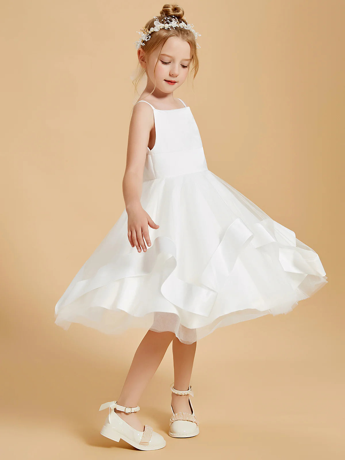 Square Spaghetti Strap Asymmetrical Ruffle White Tulle Midi Swing Flower Girl Dresses