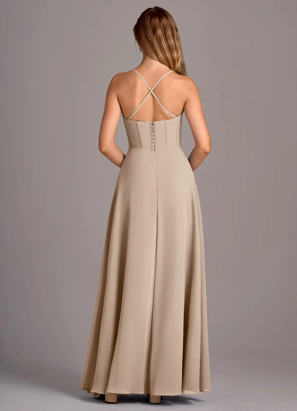 Square Spaghetti Strap Corset Back Cross High Slit A Line Chiffon Long Bridesmaid Dress
