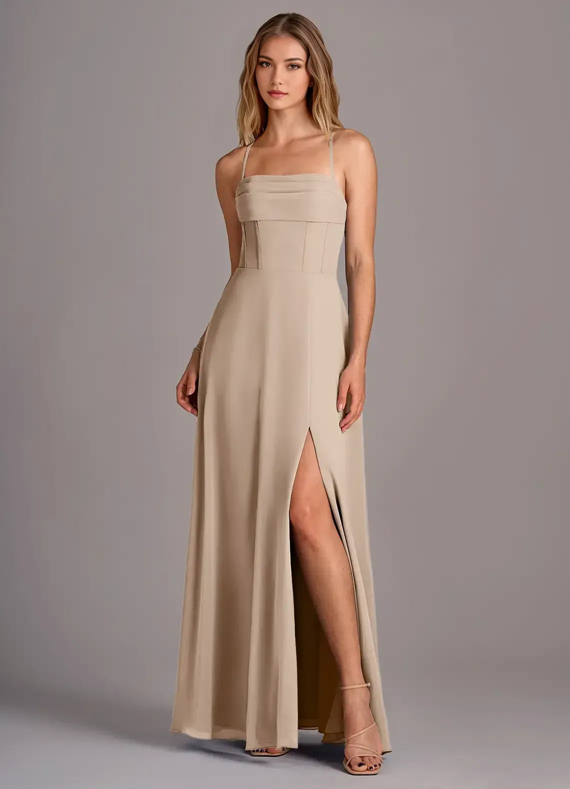 Square Spaghetti Strap Corset Back Cross High Slit A Line Chiffon Long Bridesmaid Dress
